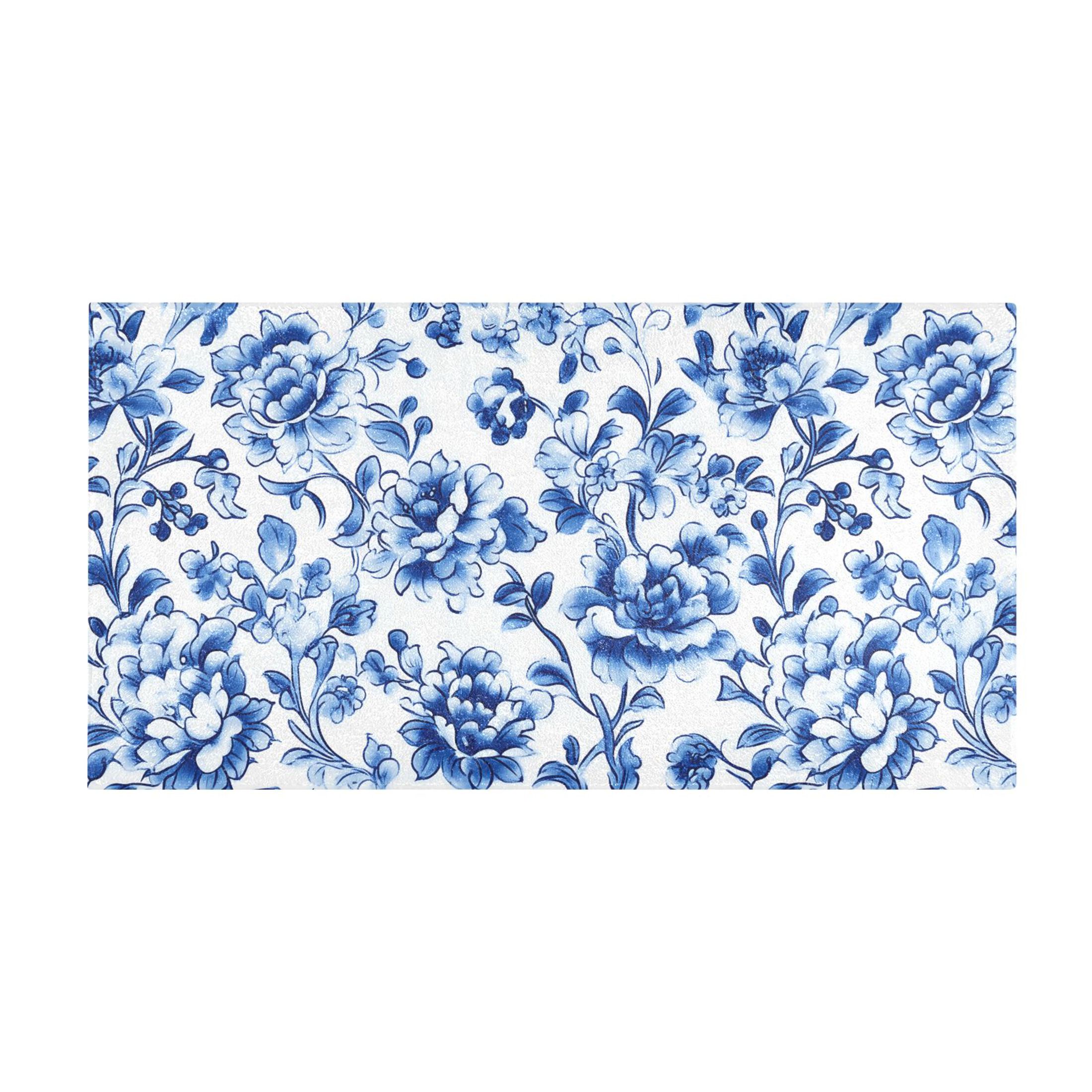 Blue and White Porcelain Floral Bath Mat 39x20 Non-Slip Bathroom Rugs Absorbent Soft Plush Quick Dry for Tub Shower Kitchen Home Decor