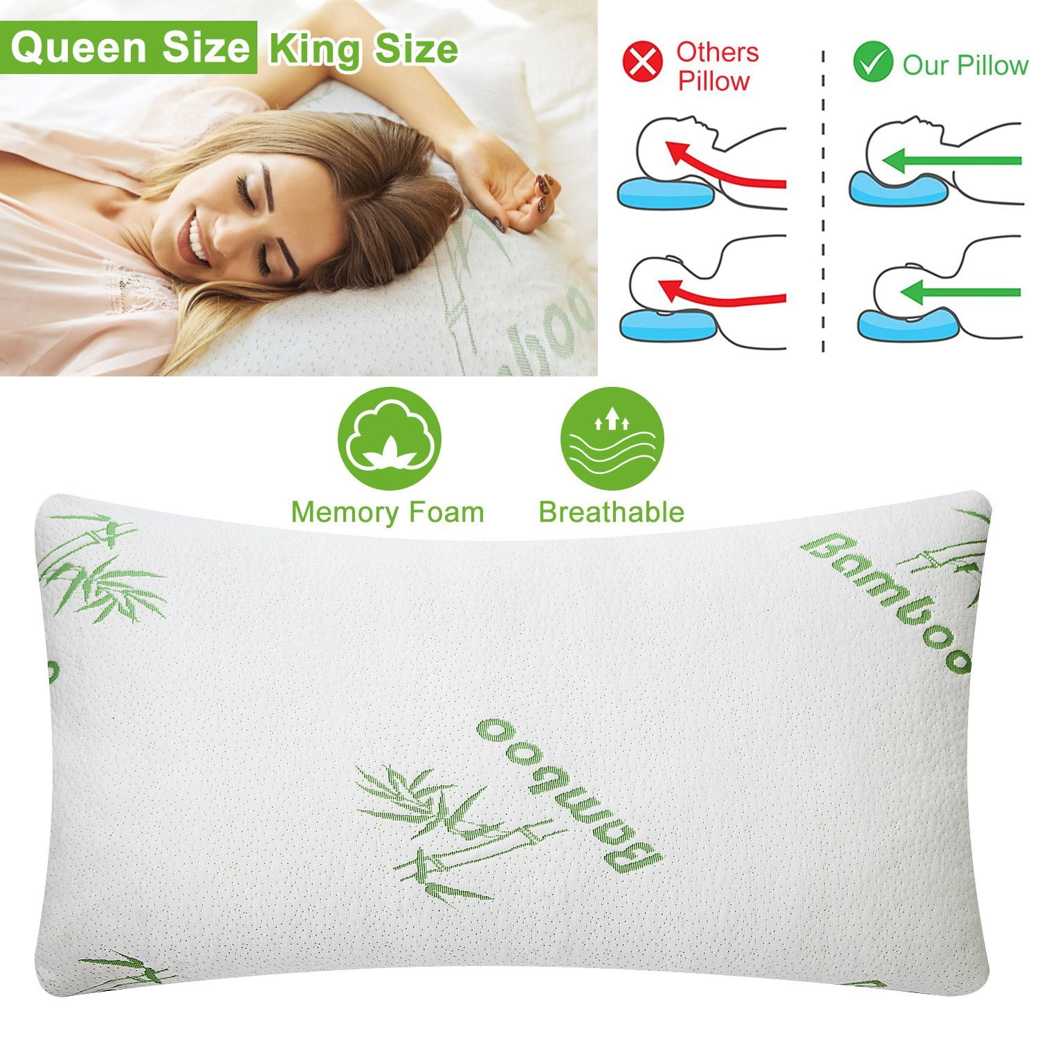 1 Bamboo Shredded Memory Foam Bed Pillow W/ Hypoallergenic Cover Queen Size LP 