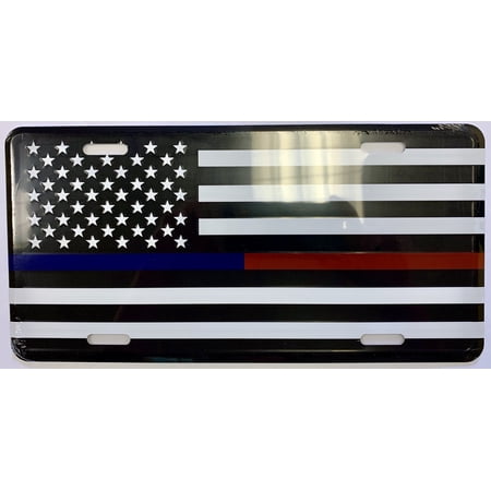 US Police Fire Red & Blue Line Memorial Aluminum Embossed License Plate