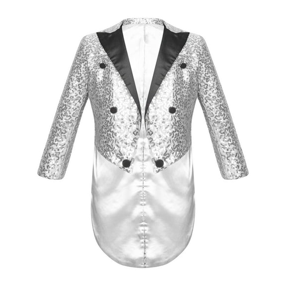 Linjinx Kids Boys Tailcoat Lapel Open Front Long Sleeve Blazer Full Sequin Jacket Coat Stage Silver 14