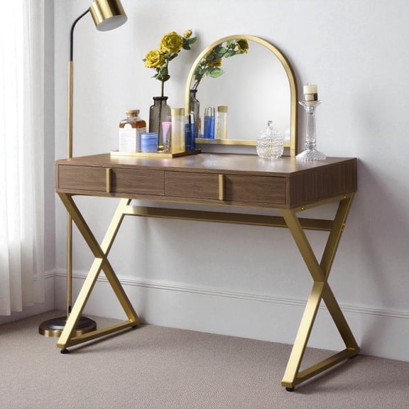 GZXS 42" Modern Vanity Desk with Mirror, 2 Drawers & Jewelry Tray – Wooden Makeup Table with X-Shaped Metal Legs (Walnut & Gold)