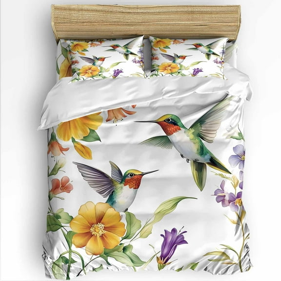 Hummingbird Twin Size Comforter Set, Flower Spring Soft Bedding for All Seasons, 4 Pcs Bed Set with 1 Comforter (68"x86") ,1Sheet(66"x116"), 2 Pillowcases (19"x29")
