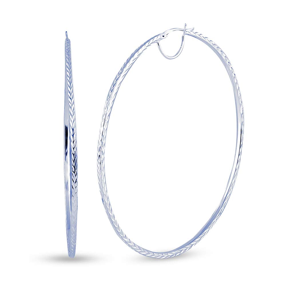 LeCalla 925 Sterling Silver Anti-Tarnish Diamond-Cut Hoop Earrings Italian Design Click-Top for Women 60MM