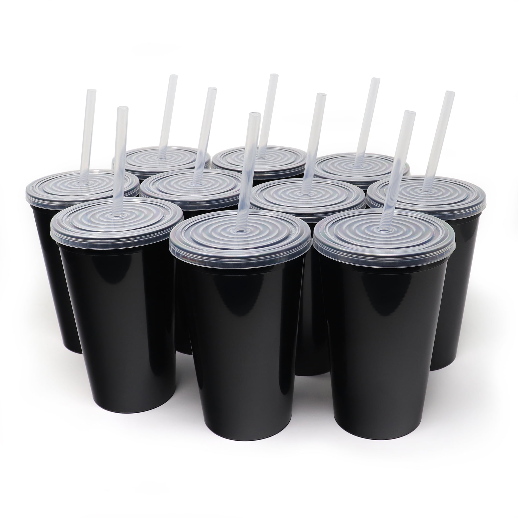 Rolling Sands 22 oz Reusable Plastic Cups with Lids, 10 Pack, USA Made  Black Tumblers; Includes 10 Reusable Straws; Dishwasher Safe 