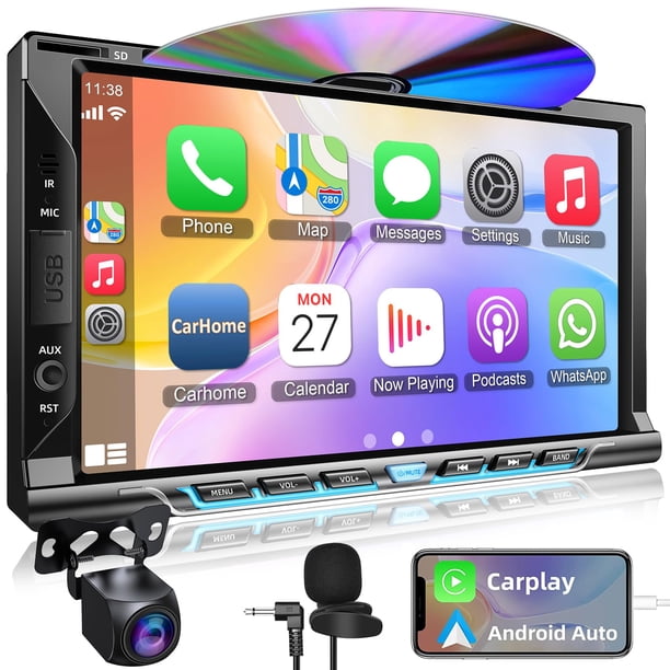 Double Din Car Stereo Radio with CD/DVD Player, 7“ HD Touch Screen Car Stereo with CarPlay & Android Auto, Bluetooth 5.2, Mirror link, Backup Camera, Subwoofer,SWC, AM/FM Car Radio Receiver, AUX Input