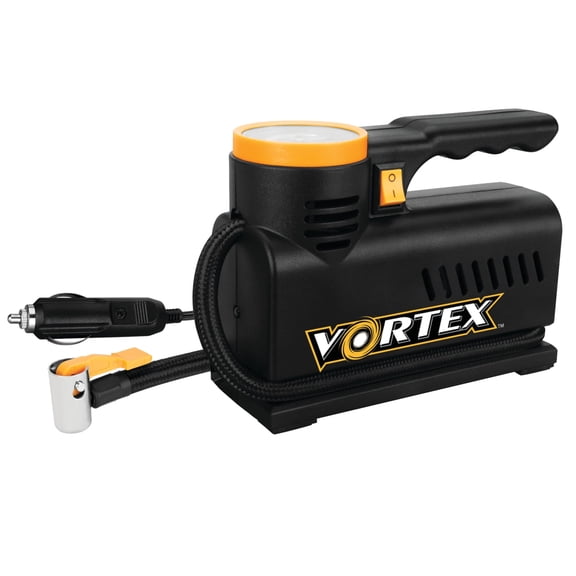 Performance Tool Vortex E00001 12V Compact Tire Inflator w/ LED Light, Lever-Locking Air Chuck, Long Power Cord, Three Nozzles, Black