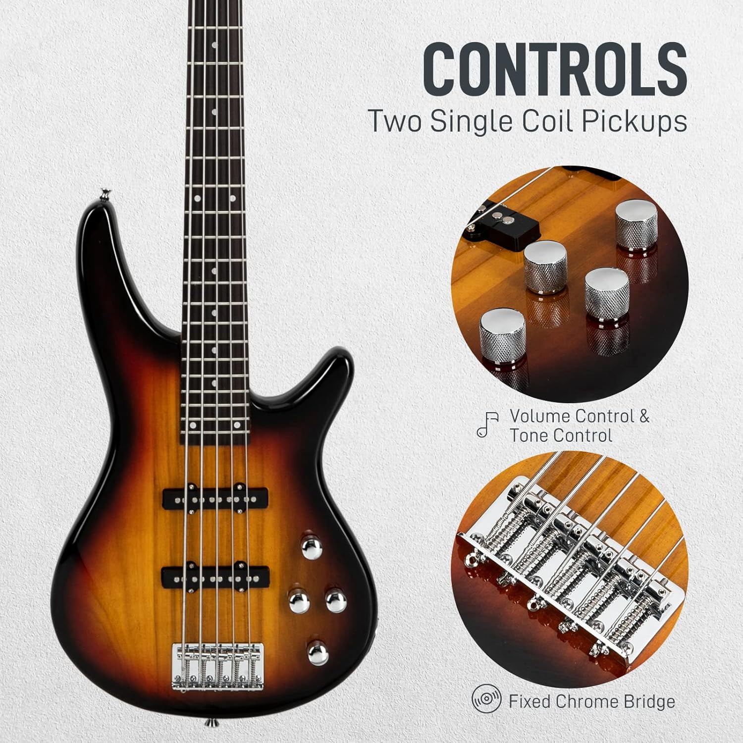 HarmonyStrings 5 String Electric Bass Guitar, Full Size Standard Right Handed Rosewood Fretboard Bass Kit with Gig Bag Strap Cable Wrench Tool Sunset Classic