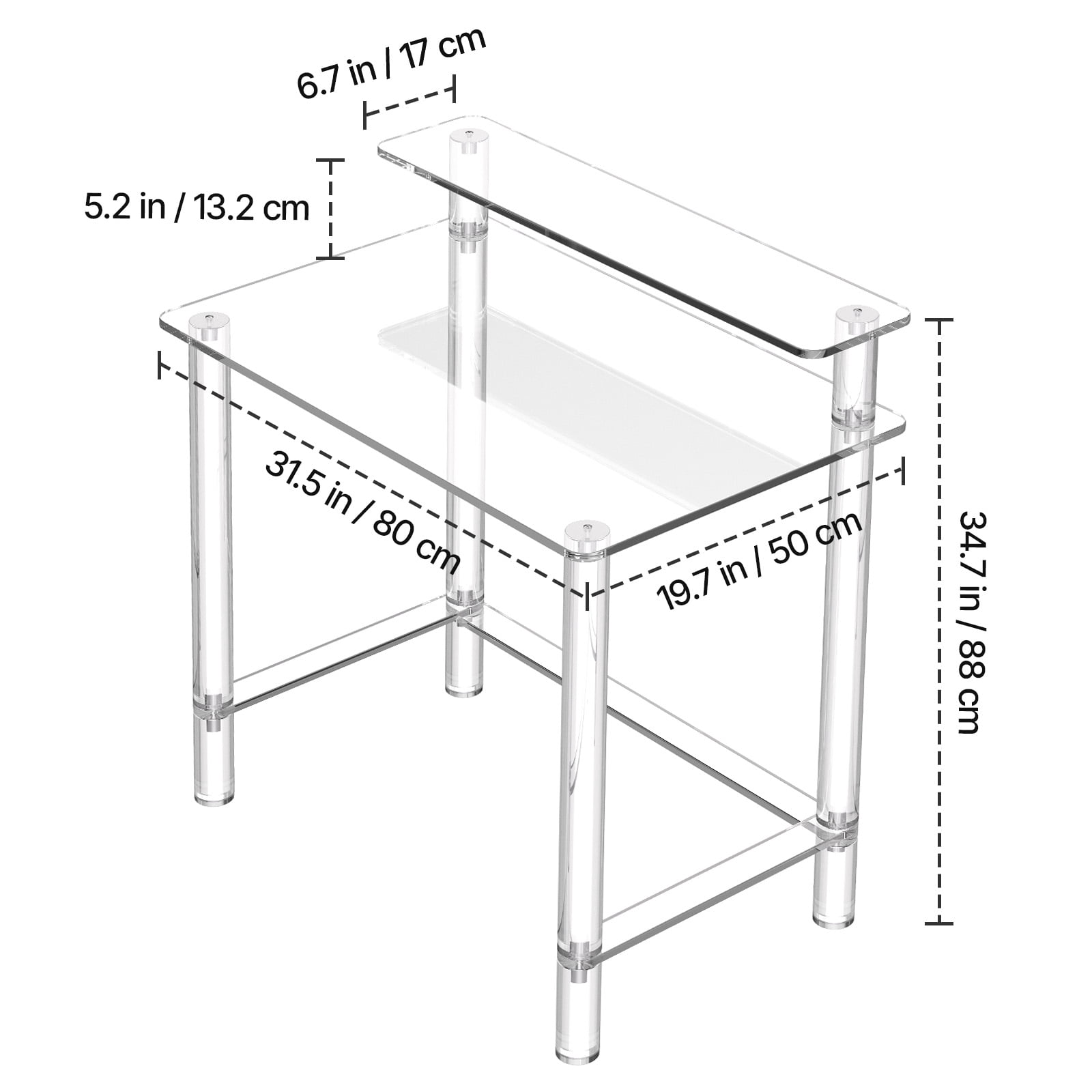 KFFKFF Acrylic Desk, Clear Office Table Featuring Monitor Stand, Sleek Computer Desk for Study, Bedroom, or Office, Modern Side Table or Nightstand, 19.7 x 31.5 x 34.7 in (Transparent)