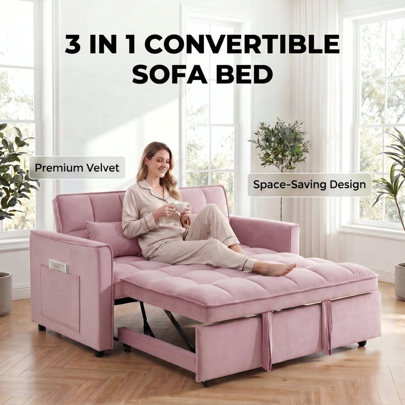 Gewnee 55" Sofa Bed, Convertible Sleeper Sofa & Pull Out Couch, 3-in-1 Velvet Loveseat with Adjustable Backrest and Storage Pocket, Pink