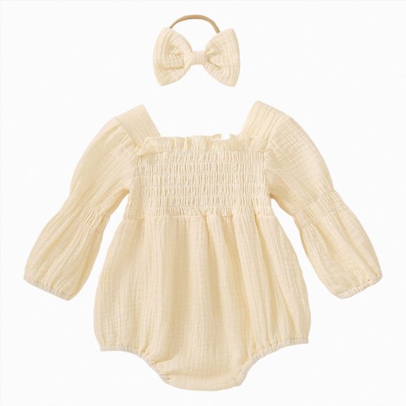 KPOPLK Preemie Newborn Baby Girl Clothes Fall Square Neck Onesies Solid Bubble Romper Infant Winter Outfits Jumpsuit(12-18 Months,Beige)