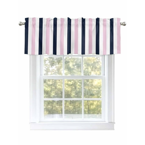 Pink Navy Blue Valances for Windows, Rod Pocket Kitchen Valance Curtains - Soft & Washable Small Window Treatment for Living Room, Bathroom, Contrast Stripes, 54x18inch