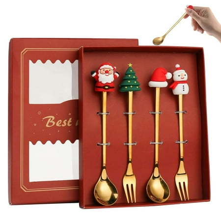 

Creative Christmas Fork Spoon Set 4 Pcs Cute Stainless Steel Spoon Fork With Gift Box Coffee Spoon Dessert Spoon Fruit Fork Gift