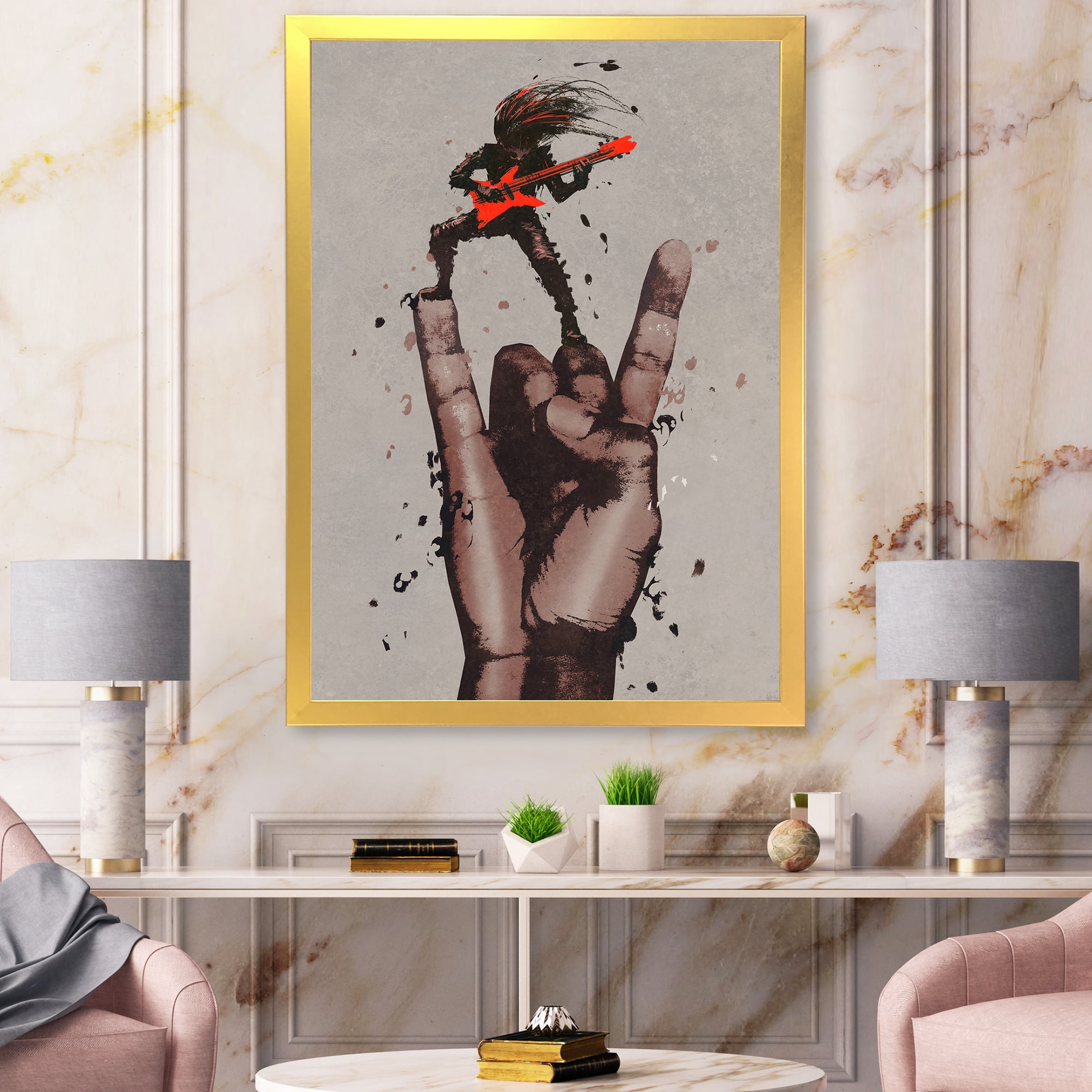 Designart 'The Guitarist On Rock and Roll Sign' Modern Framed Art Print