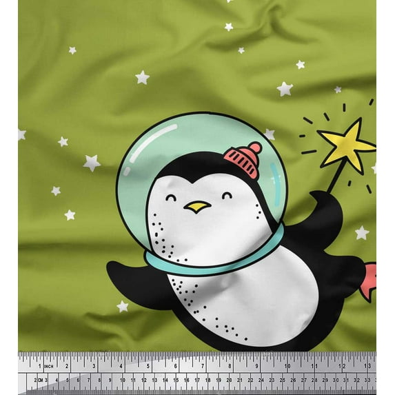 Soimoi Green Rayon Fabric Snowman & Penguin Cartoon Print Fabric by the Yard 42 Inch Wide