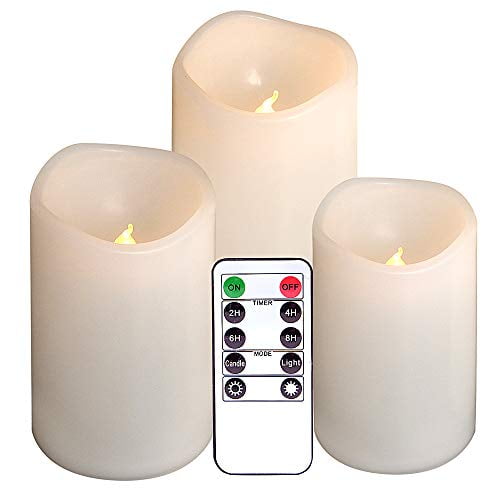 DRomance Outdoor Flameless Flickering Candles Waterproof and Heat Resistant, Warm Light Battery Operated LED Pillar Candles with Timer and Remote Set of 3(White, 3"D x 4"5"6"H)