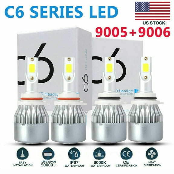 4x C6 9005 9006 Combo 40000LM LED Headlight Kit Hi/Lo Beam Bulb 6000K White