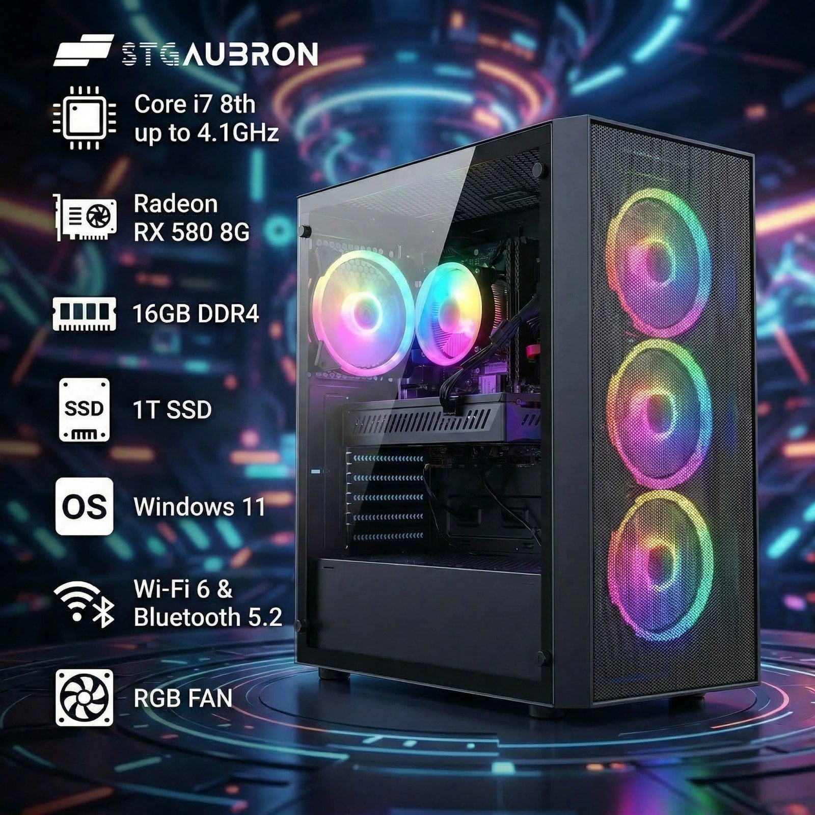 STGAubron Gaming Computer, RX 580 8G,Core i7 8th Gen up to 4.1GHz