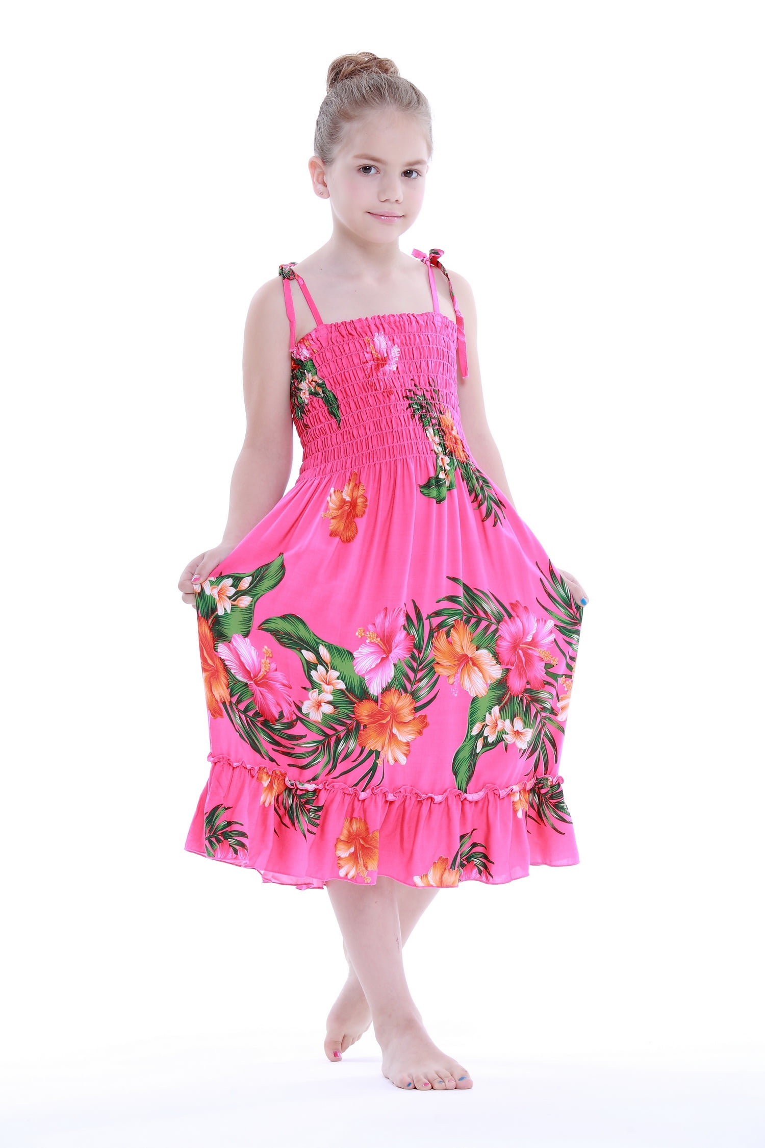 Hawaii Hangover - Girl Elastic Ruffle Hawaiian Luau Dress in Hot Pink 8 ...