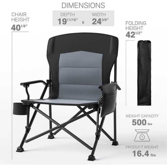Oversized Folding Camping Chair for Adults, Heavy Duty Lawn Chair with Side Pockets, Portable Collapsible Quad Chair for Outside, Support Up to 500lbs, Black 2PACK