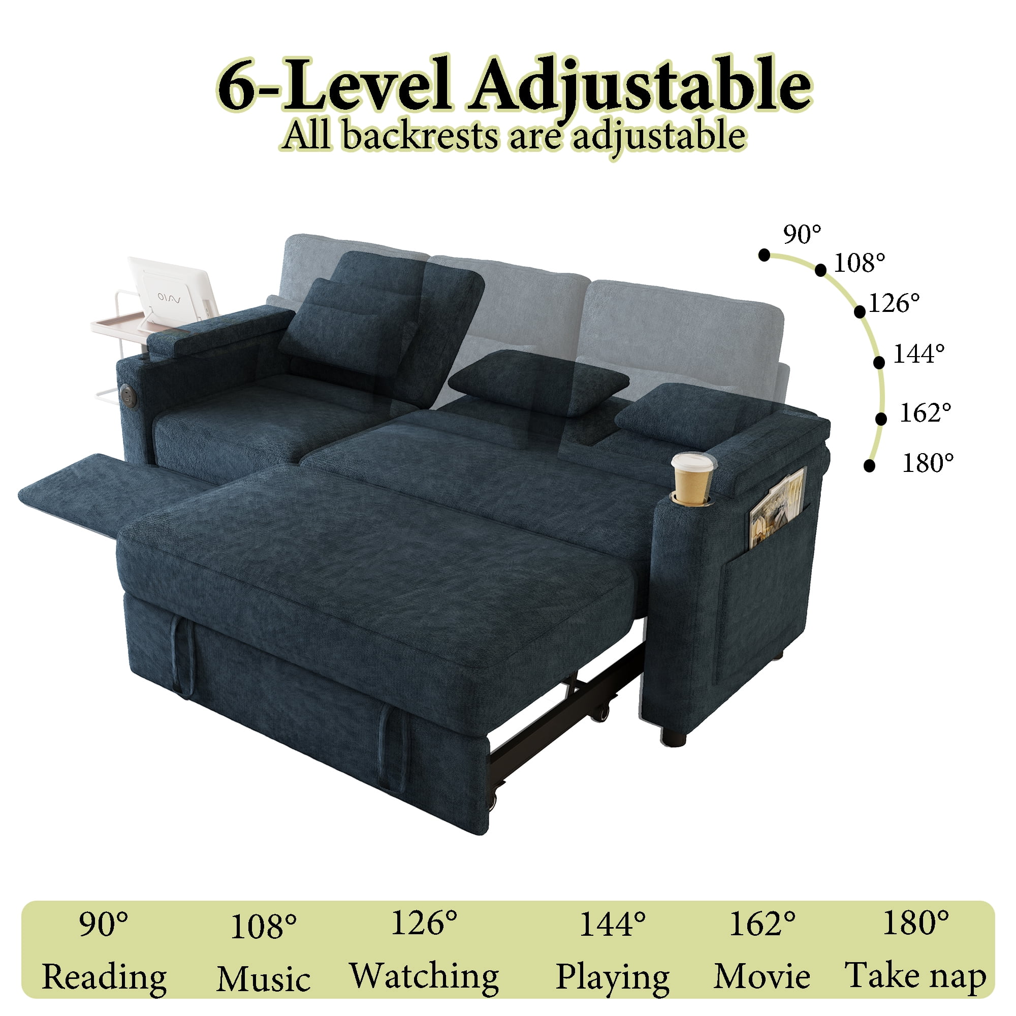83" 3-in-1 Chenille Foldable Sofa Bed with Electric Chair,USB Ports,Table Board,Storage Armrests & Adjustable Backrest,3-Seater Sleeper,Blue