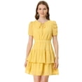 thumbnail image 1 of INSPIRE CHIC Women's Tie Neck Ruched Sleeve Elastic Waist A-Line Double Layers Ruffle Hem Short Dress, 1 of 6