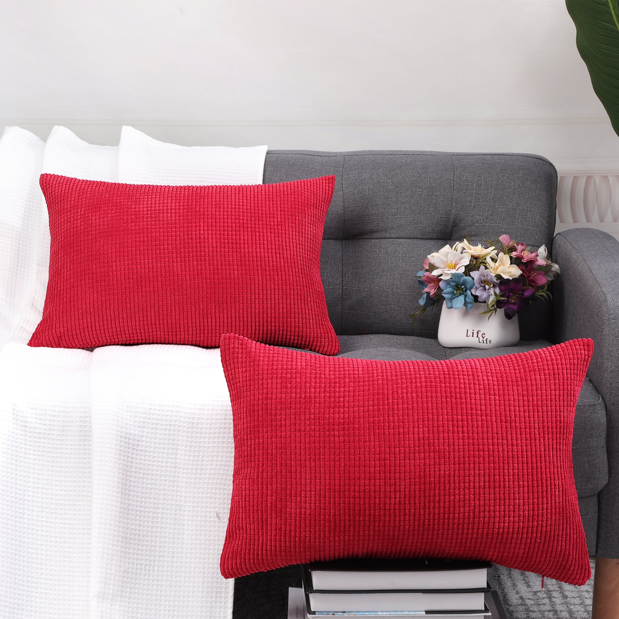 Unique Bargains 2-Pack Corduroy Decorative Throw Pillow Covers Red 12" x 18"