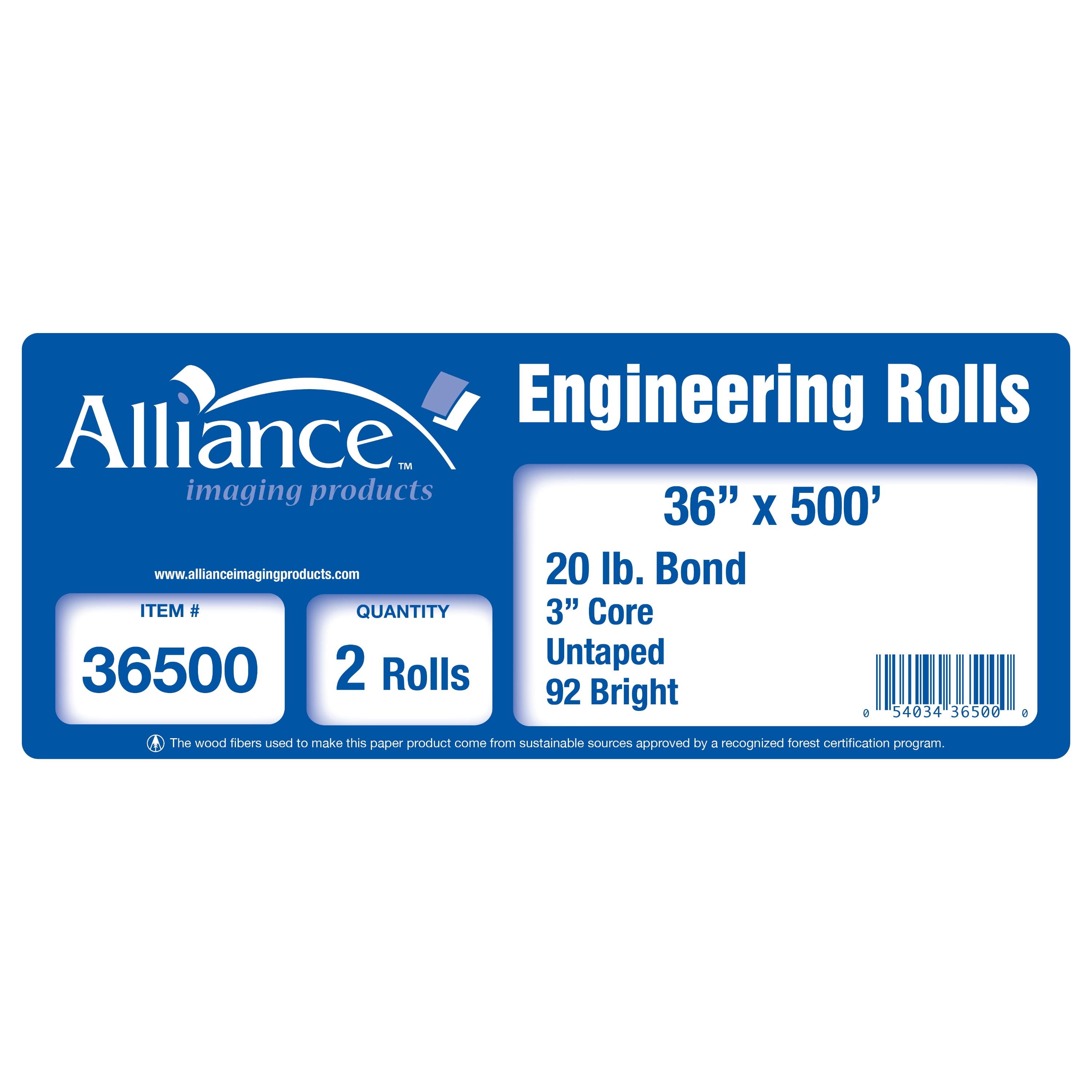 20lb Bond Engineering 36” x 650’ Alliance Paper Rolls 2 Rolls Per Carton with 3” Core 92 Bright 