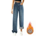 thumbnail image 2 of adviicd Jeans for Women Wide Straight Leg High Waisted Stretchy Baggy Fleece Lined Jeans Fashion Warm Denim Pants Fall 2025 (Dark Blue, L), 2 of 5