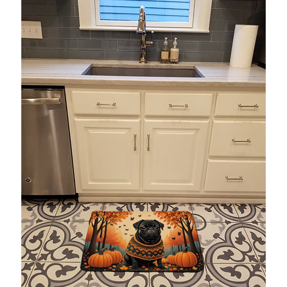 Carolines Treasures DAC1064RUG 19 x 27 in. Unisex Black Pug Fall Memory Foam Kitchen Mat