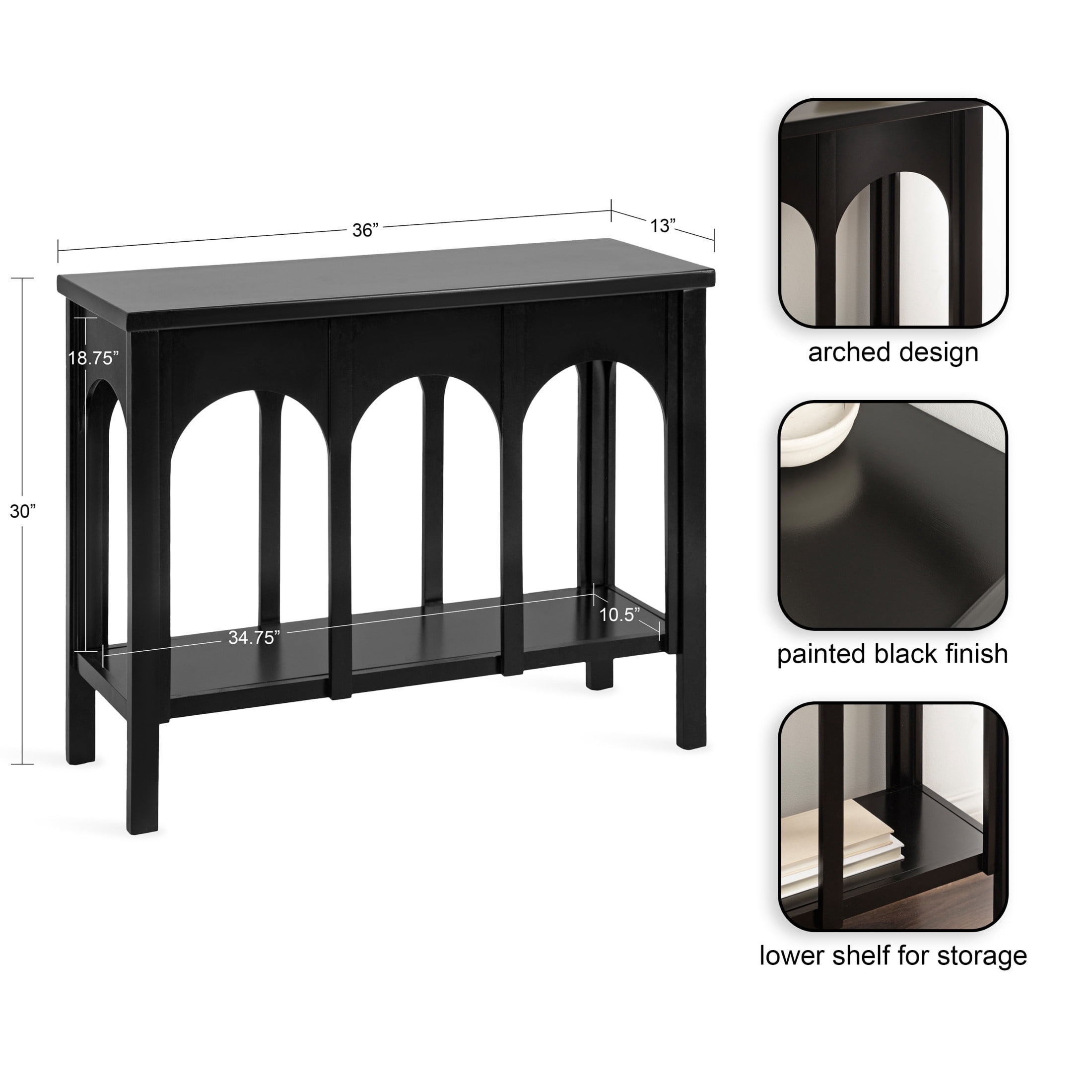Kate and Laurel Ulla Modern Tiered Rectangle Console Table, 36 x 13 x 30, Black, Transitional Two-Tier Wood Arched Entryway Table with Storage for Behind Couch Home Decor Option