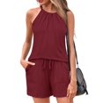thumbnail image 1 of Conjuntos de 2 piezas para mujer, camisas halter con cuello alto y cuello alto de verano, color rojo vino, 1 of 6