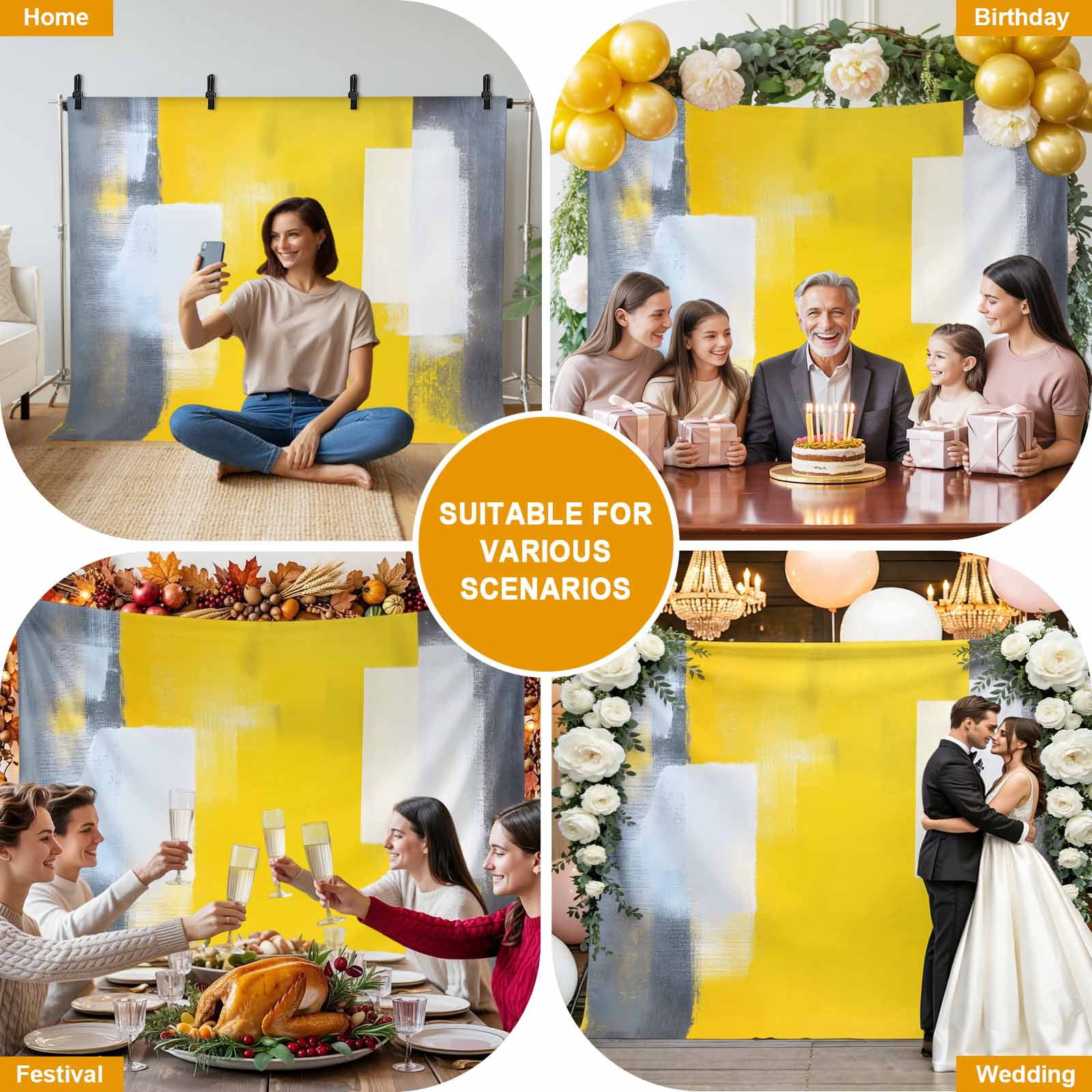 Yellow Grey Backdrop for Photography, Fabric Photo Background Backdrop, Oil Painted Modern Abstract Vintage Photo Booth Background for Portrait Photoshoot Video Wedding Studio Decoration Banner 7x5ft
