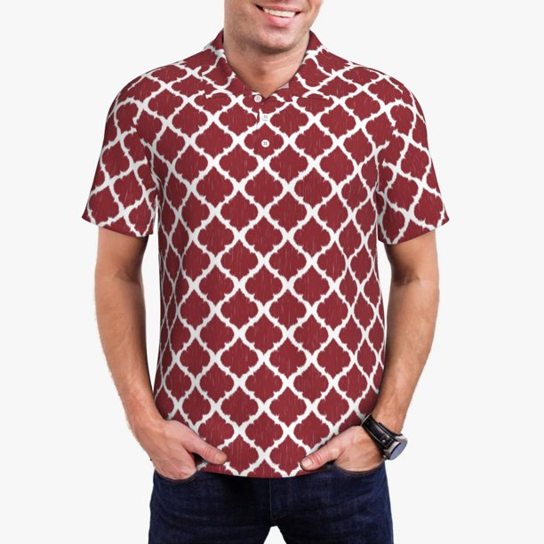 Fotbe Red Moroccan Camiseta Polo de Golf para Hombre con Estampado – Camisa Deportiva Transpirable con Cuello Abotonado-Small