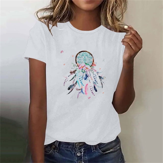 Blouses pour Femmes, Mode Décontractée Imprimée Col Rond Manches Courtes T-shirt Haut Col Rond Manches Courtes