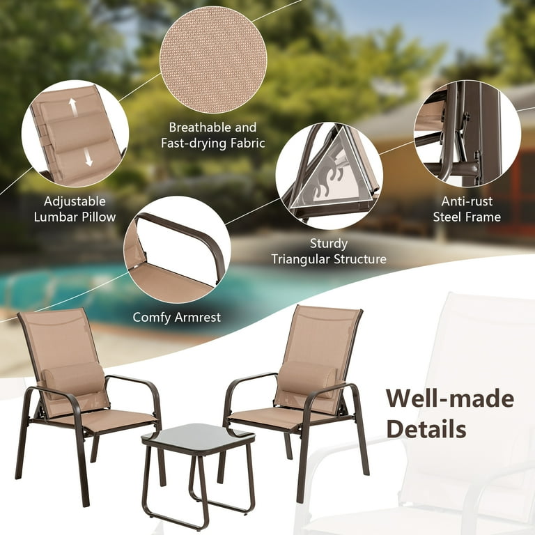 Patiojoy 3PCS Patio Adjustable Back Stackable Chairs Side Table Set Bistro Set Classic Furniture Chair Set for Garden Brown