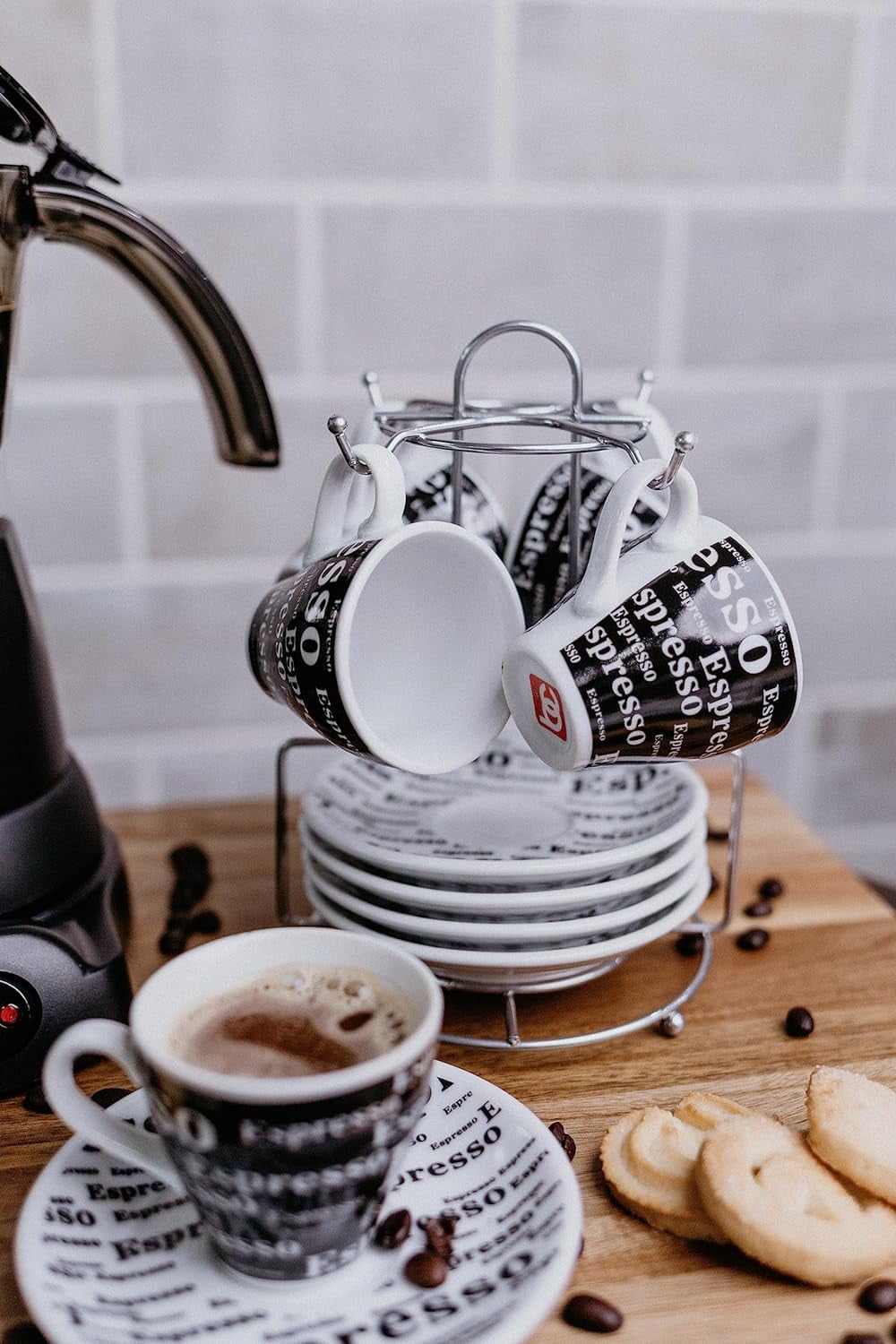 Bene Casa 9-Piece Black & White Espresso Design Demitasse Cup and Saucer Set with Stand