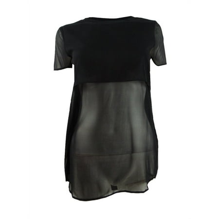 DKNYC Women's Sheer Layered Crew Neck Silk Blend Blouse (P, Black)