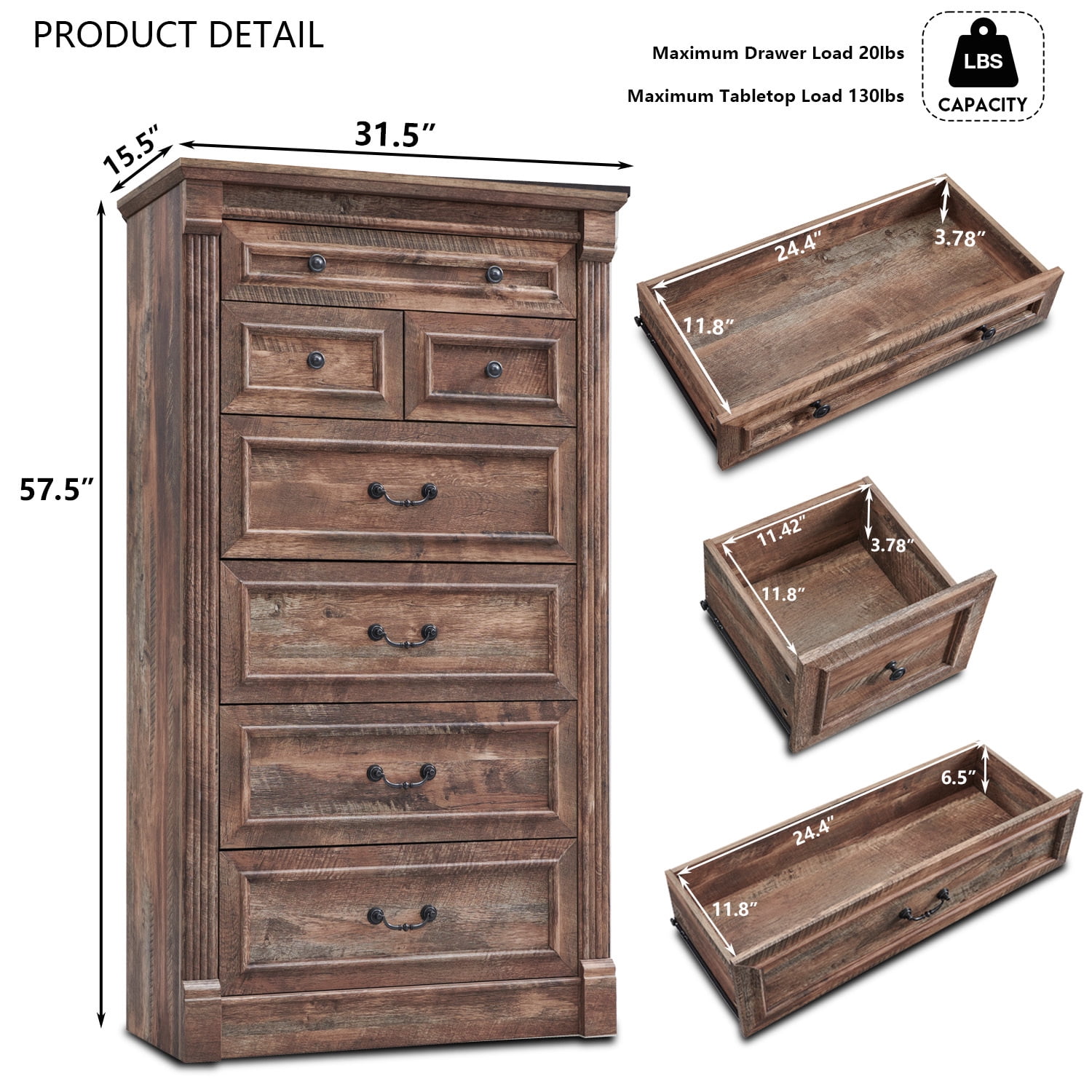 wow97e 7 Drawers Dresser for Bedroom, 57" Tall Farmhouse Wooden Chest of Drawers w/Roman Colum, Storage Dressers for Hallway, Living Room