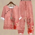 thumbnail image 1 of ICHUANYI Clearance Women's Summer Printed Half Sleeve Round Neck Cropped Top + Casual Pants Suit Set Two Piece Lounge Set(Pink, L) ICHUANYI WER2023080914341, 1 of 5