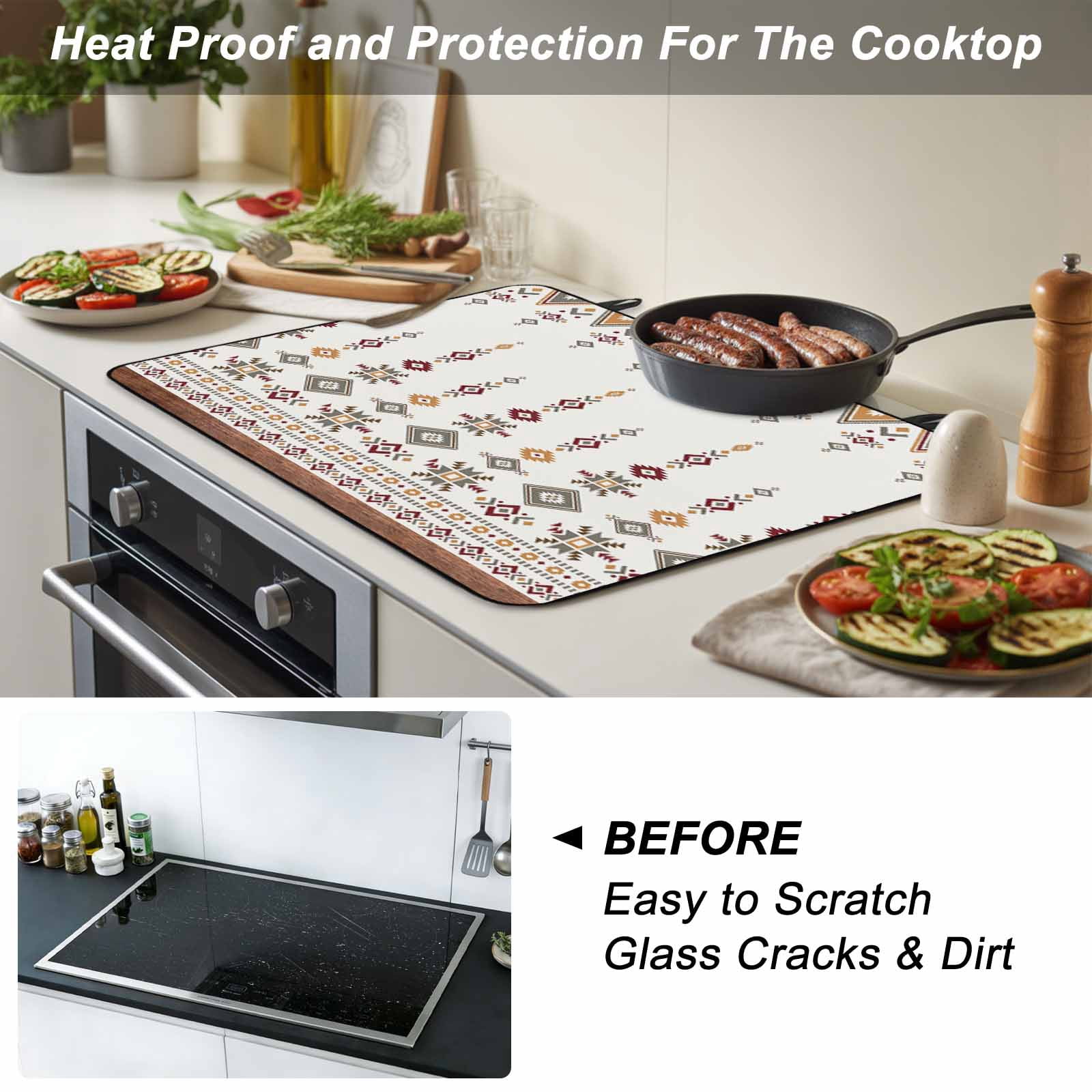 Retro Southwest, Stove Top Cover for Electric Stove, Heat-proof & Non Slip Glass Top Stove Cover Protector, Geometric Abstract Bohemia Native Tribal Kitchen Flat Cooktop Rubber Mat 24x21 Inches