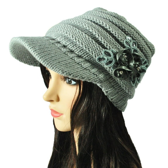 Anself Winter Women Cable Knitted Visor Hat with Flower Accent Thick Soft Warm Beanie Hats Wool Cap,light Grey
