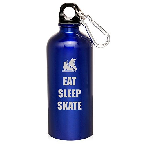 20oz Aluminum Sports Water Bottle Caribiner Clip Eat Sleep Skate Ice Skates (Blue) by