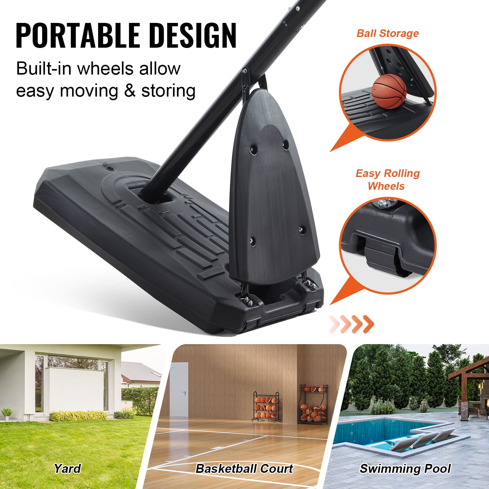 KFFKFF 50" Portable Basketball System, 7.6 to 10 ft Height Basketball Hoop & Goal for Children & Adults, Comes with PC Backboard, Wheels, Stand, and Loadable Base