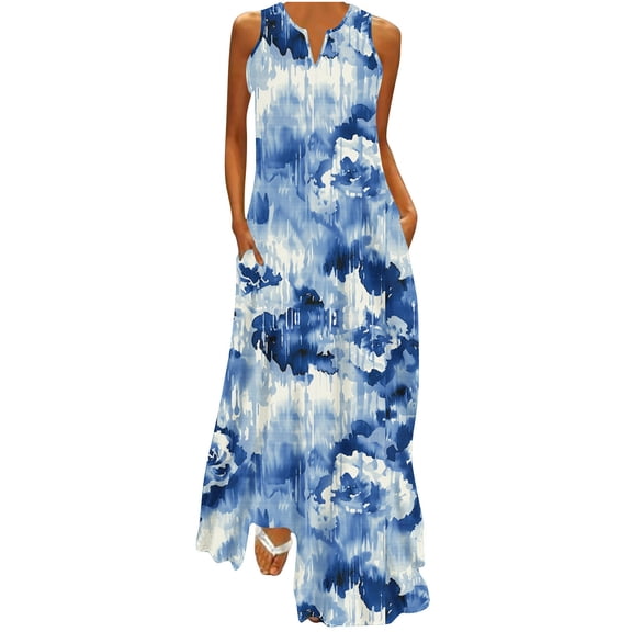 Giftesty Summer Dresses for Women Women Casual Loose Printed Tank Dress Beach V-neck Pocket Sundress Sleeveless Dresses