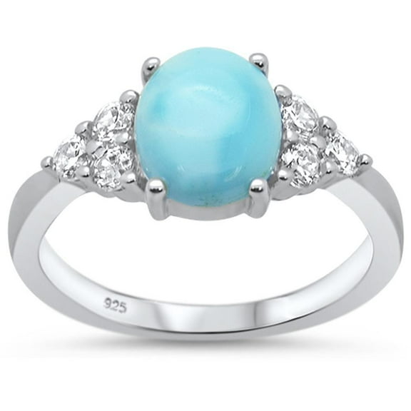 Oval Natural larimar Round Clear CZ Ring Sterling Silver Size 6