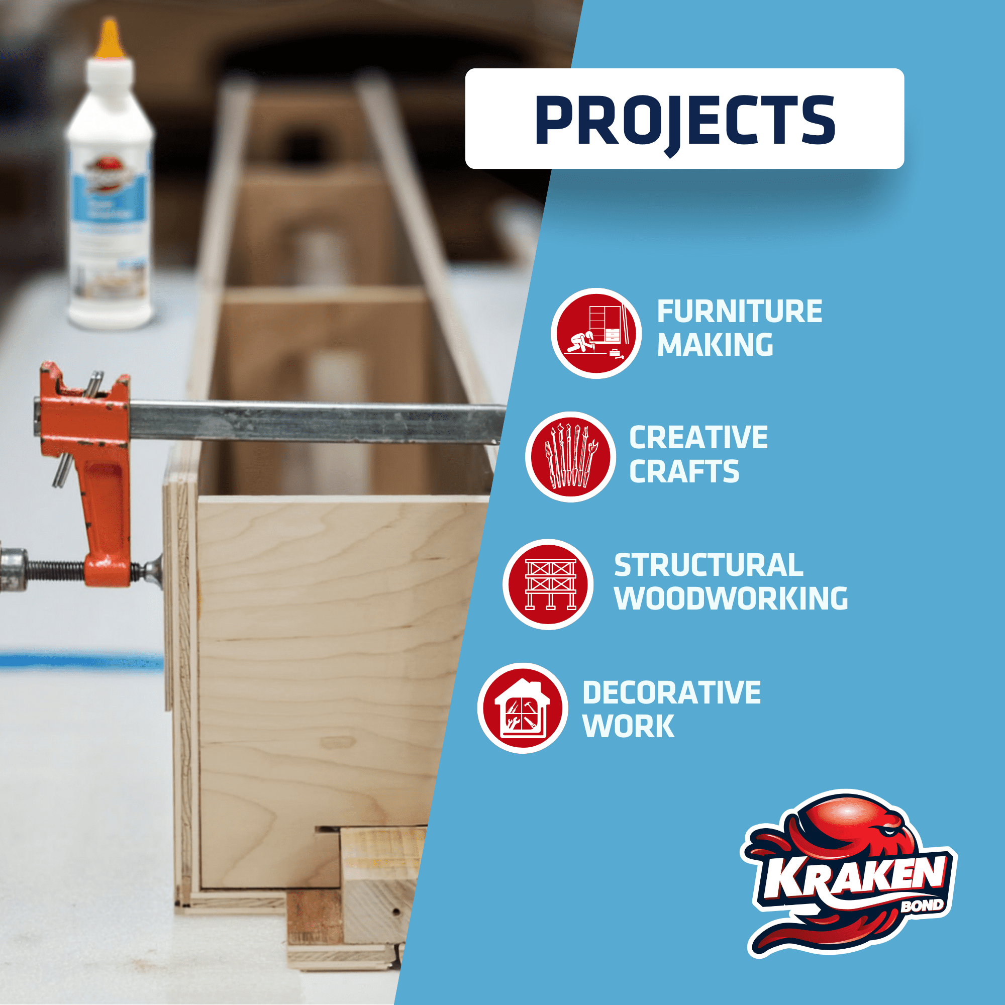 Kraken Bond D2 White PVA Super Wood Glue, Water-Based, 13.5 fl oz - 12 Pack