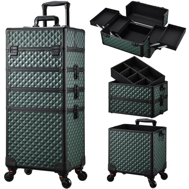 Estuche de maquillaje Stagiant Rolling con ruedas 4 en 1, color verde oscuro