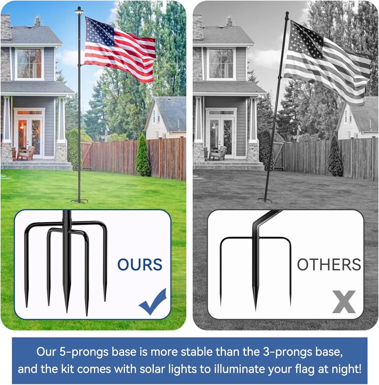 10 Ft Thickened Stainless Steel Flag Pole for Outside House with 5 Prong Base for Garden and Yard, Heavy Duty Flag Pole, Extra Thick Flag Pole Kit