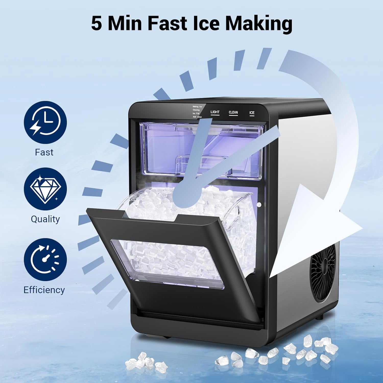 Nugget Ice Maker, 44lbs/24h Ice Makers Countertop, Soft Ice Ready in 5-10Mins Nugget Ice Maker Countertop, Self-Cleaning Pellet Ice Maker for Home, Kitchen, Office, Party