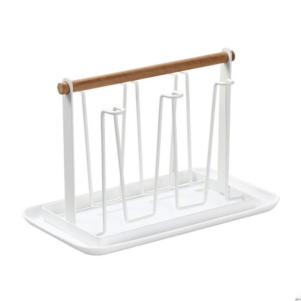 Escurridor de tazas con gancho de hierro antideslizante, organizador de tazas, copas de vino con asa de madera y bandeja.